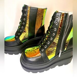 New Holographic 5” Platform Combat Boots, Black, Metallic Iridescent Snakeskin